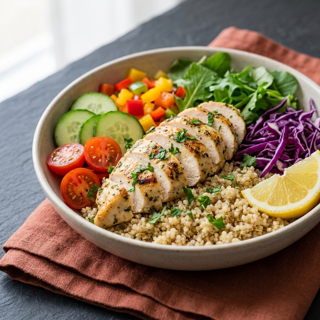 Lemon herb chicken crunch bowl with quinoa, crisp vegetables, fresh herbs and a lemon wedge.
