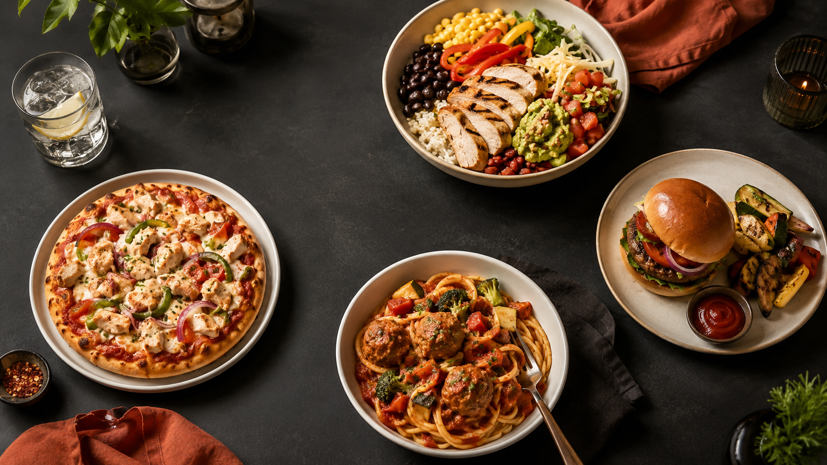 Shared table with pizza, pasta, a burger and a chicken bowl showing flexible, judgment-free eating