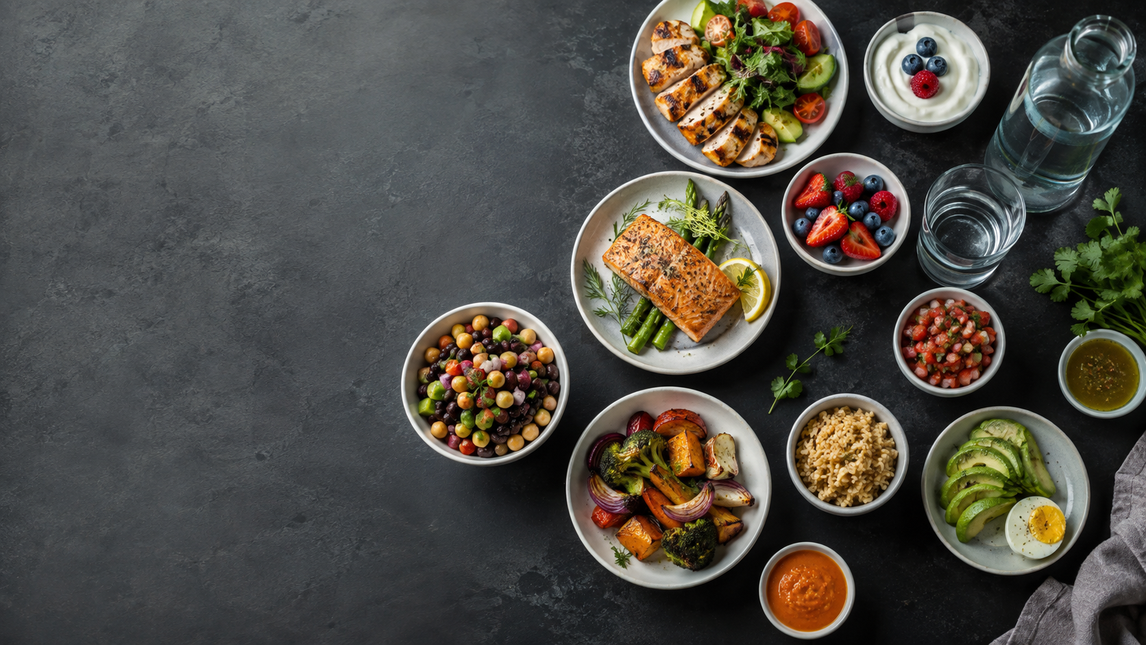 Overhead view of colorful nutrient-dense meals including salmon, whole grains, berries, avocado and eggs