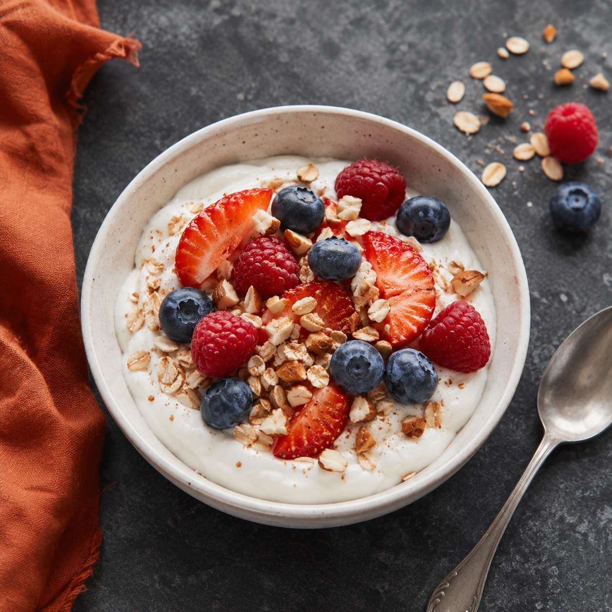 Bowl of Greek yogurt topped with fresh strawberries, blueberries, raspberries, oats and chopped nuts