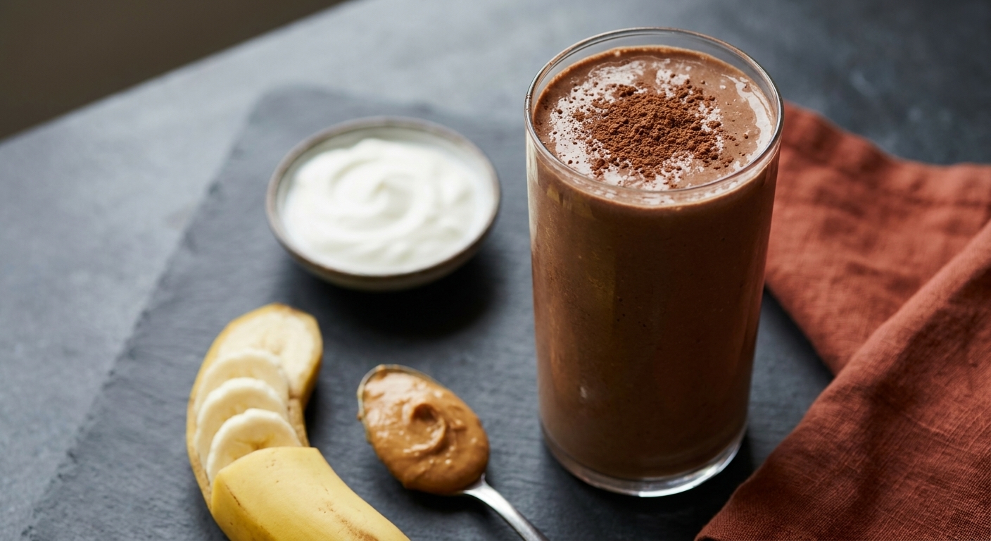 Cocoa banana protein smoothie in a glass with banana, Greek yogurt, cocoa powder and peanut butter