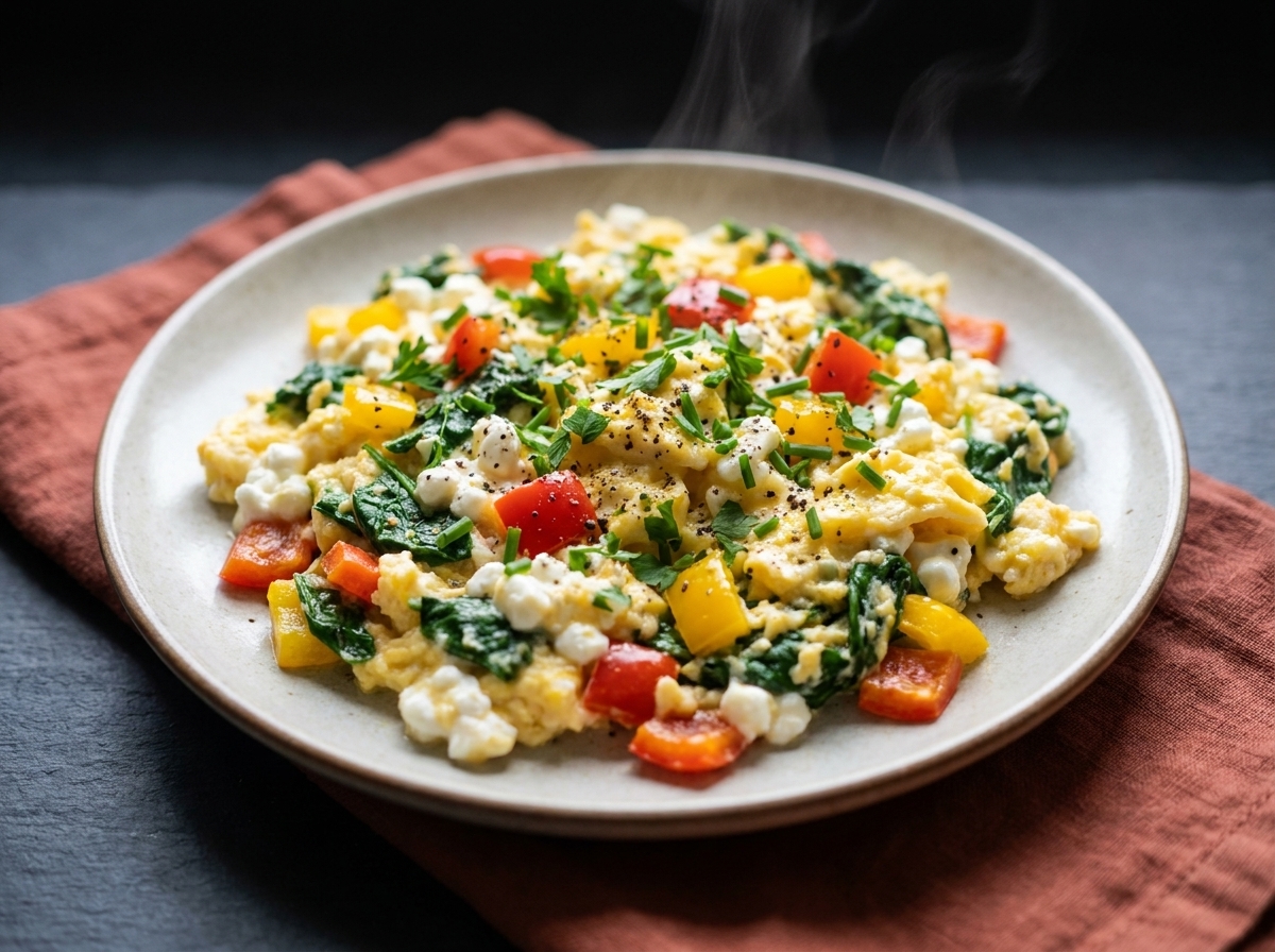Garden egg and cottage cheese scramble with spinach, bell pepper and fresh herbs on a plate