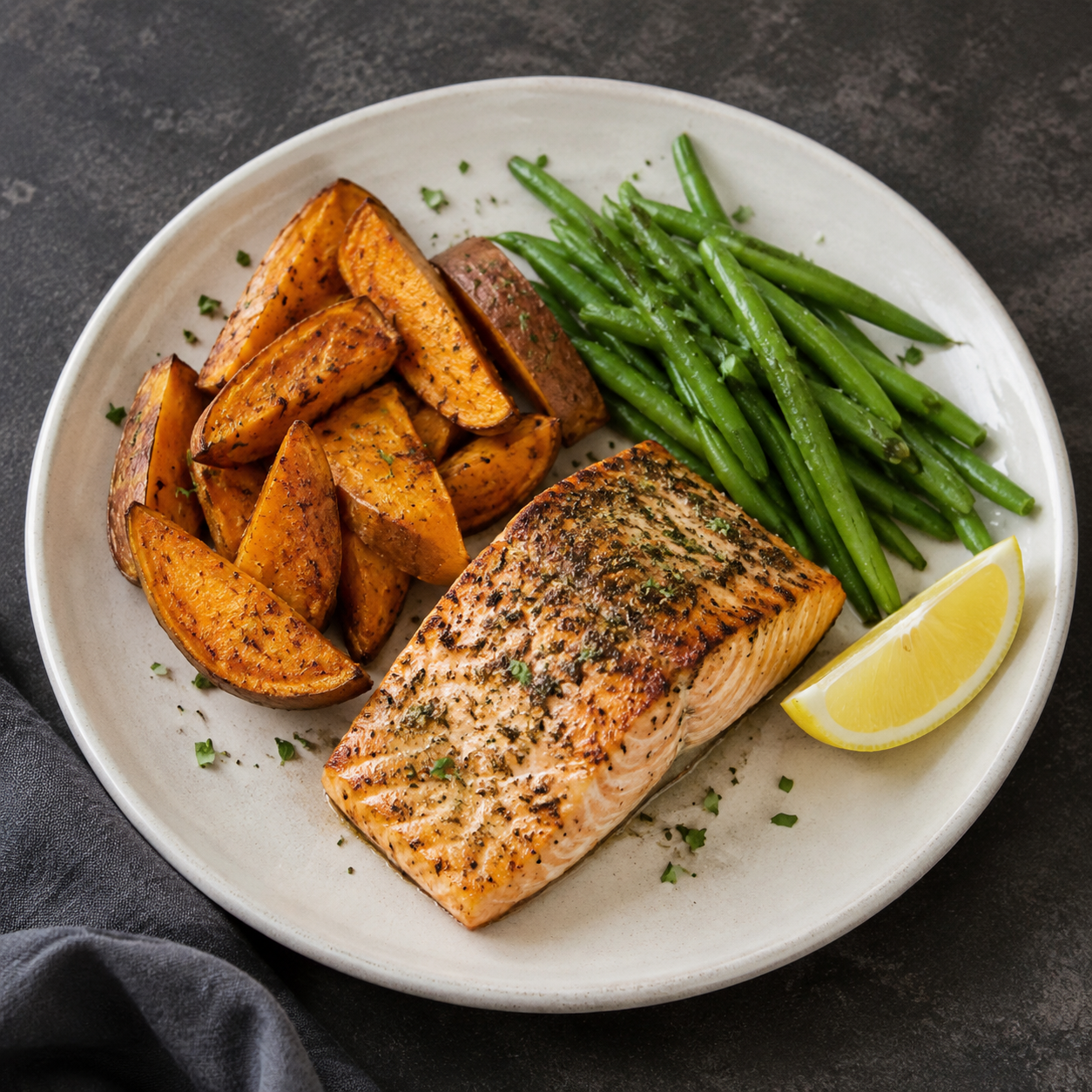Baked salmon fillet with roasted sweet potato wedges, green beans and a lemon wedge