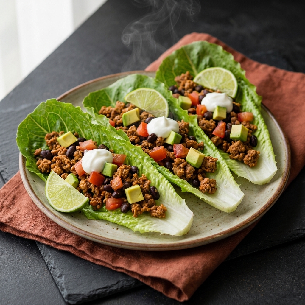 Turkey taco lettuce cups filled with seasoned ground turkey, diced tomatoes, black beans and avocado with lime wedges
