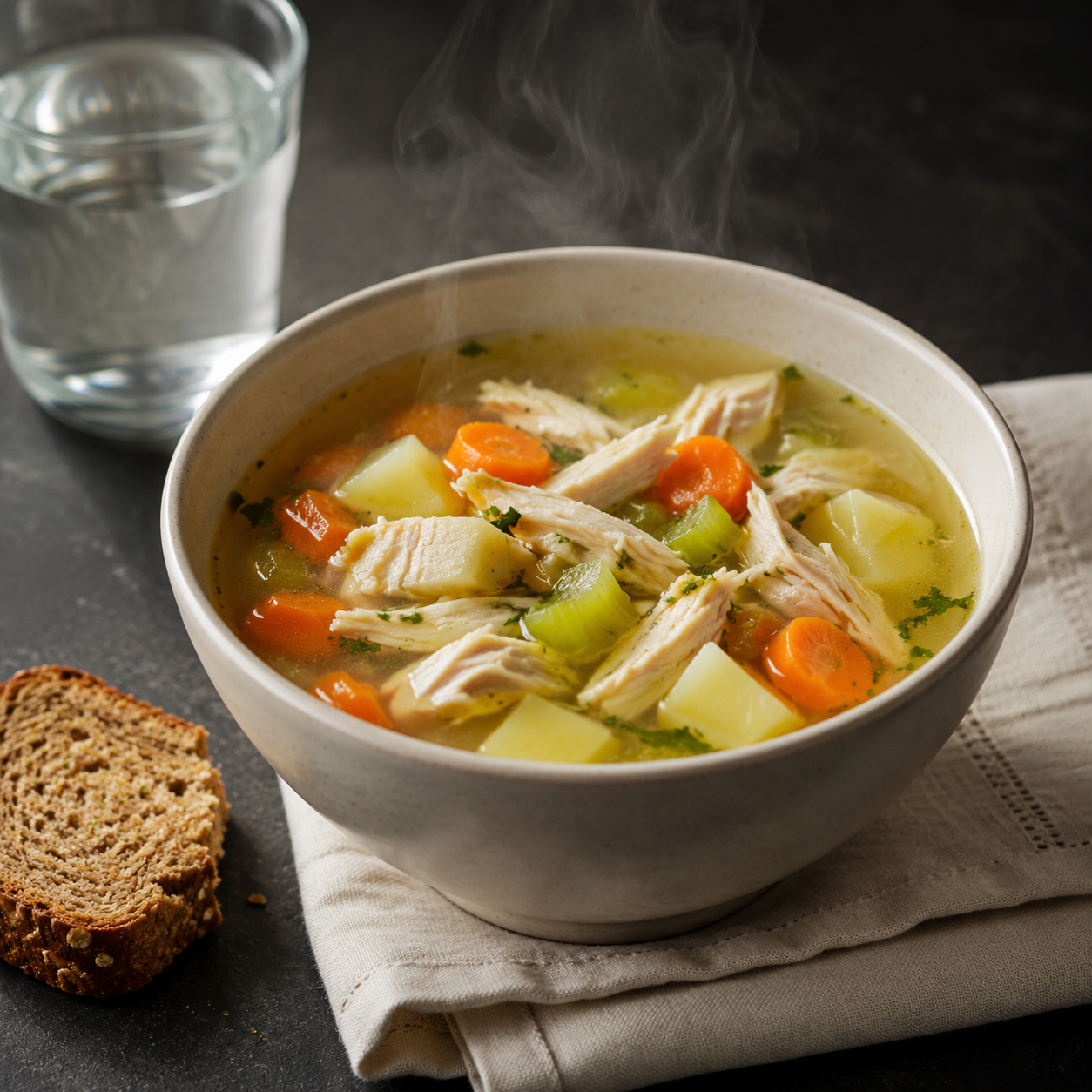 Steaming bowl of chicken soup with carrots, celery, potatoes and herbs beside a slice of bread
